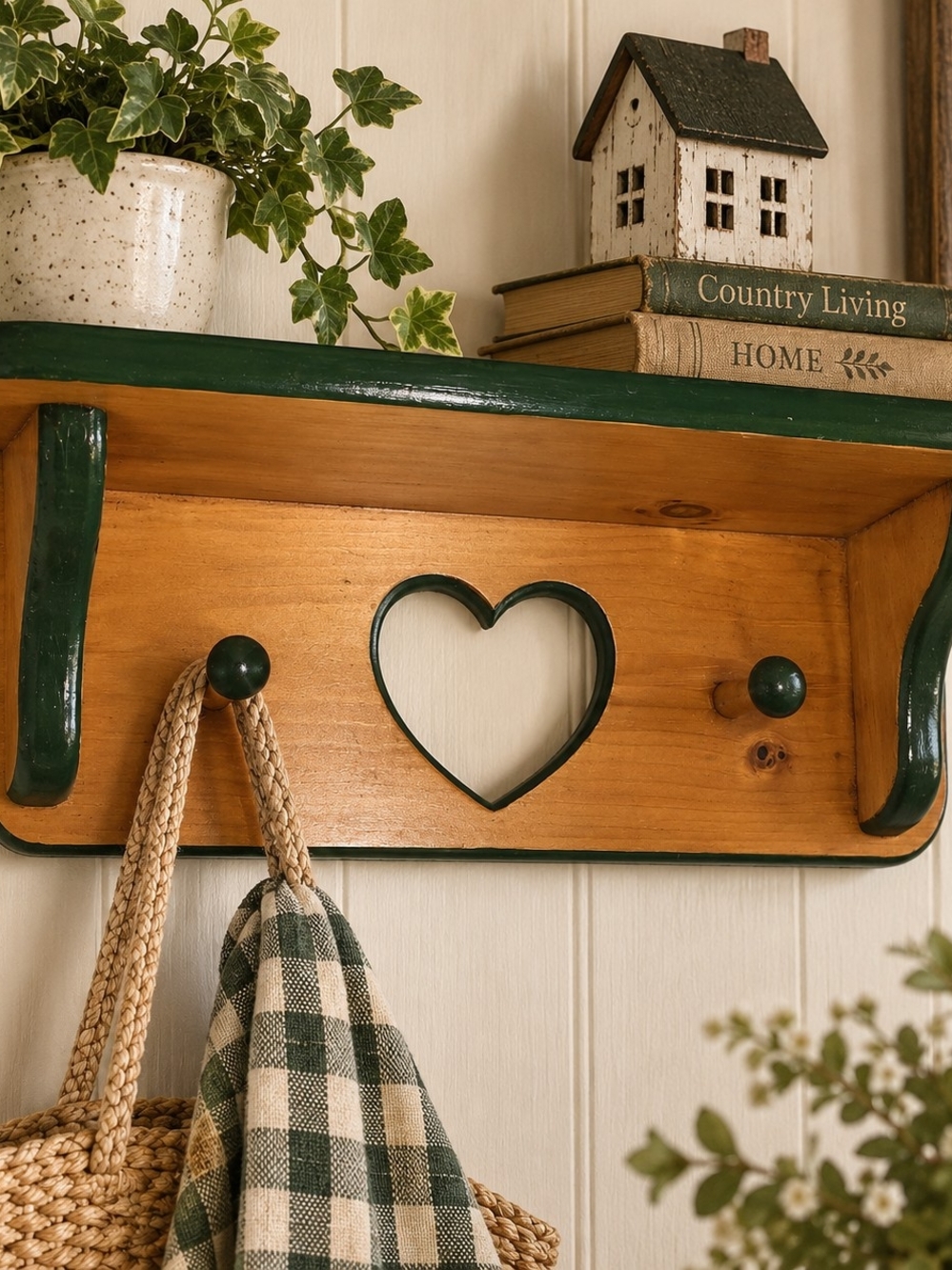 Vintage 16" Wooden Heart Wall Shelf Rustic Country Farmhouse Cottage Decor Green